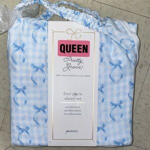 (F) Blue Ribbon Bow Gingham FULL sized 4PC Sheet set